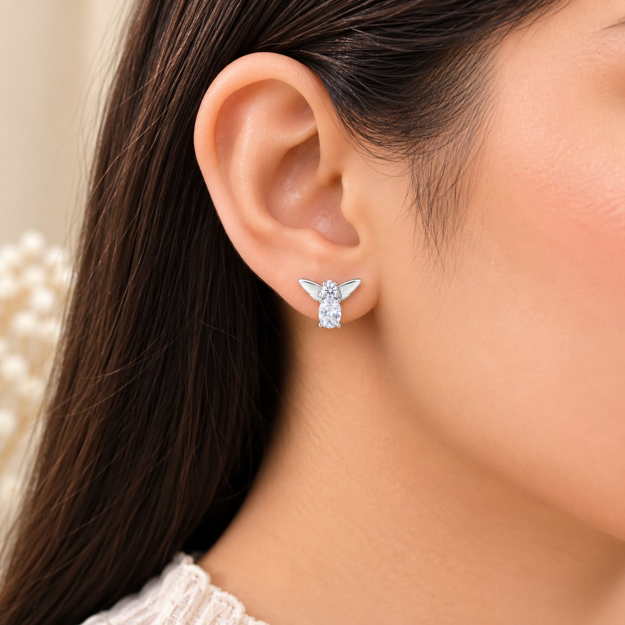 Angel Wing Silver Stud Earrings – Oval Zircon Minimalist Earrings