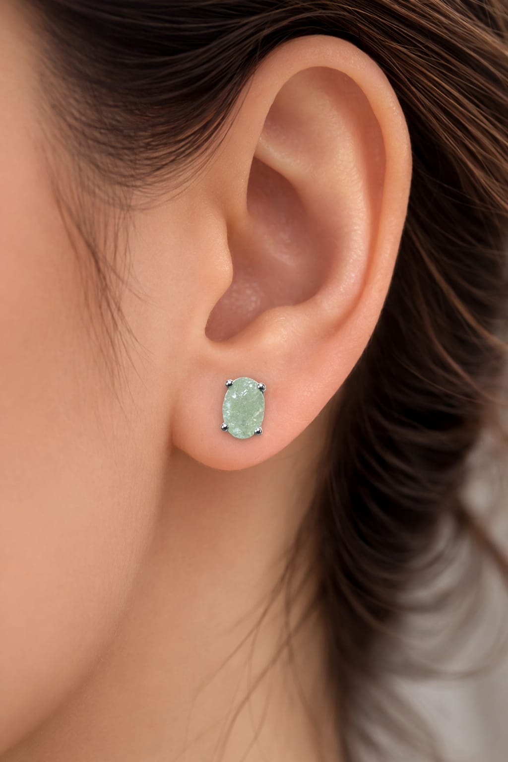 Silver Oval Green Stone Stud Earrings – Soft Mint Elegance (RRJ - 125-360)