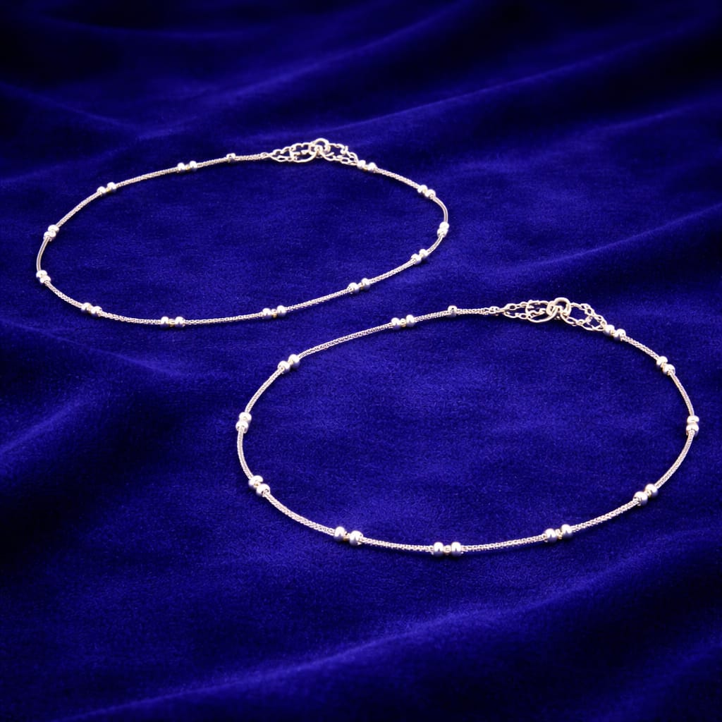 Classic Silver Beaded Anklet Pair