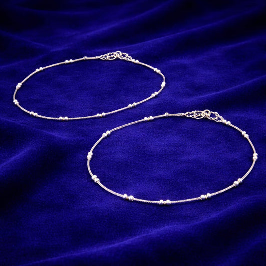 Classic Silver Beaded Anklet Pair