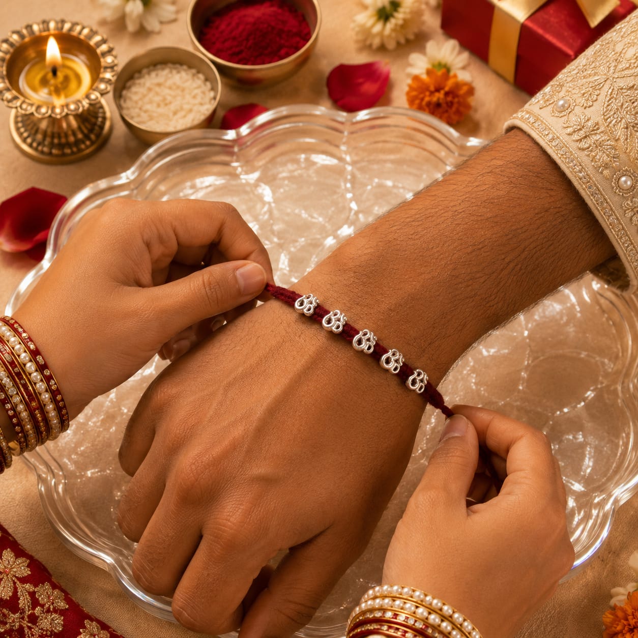 Silver Om Rakhi – Sacred Om Charm on Handwoven Maroon Thread
