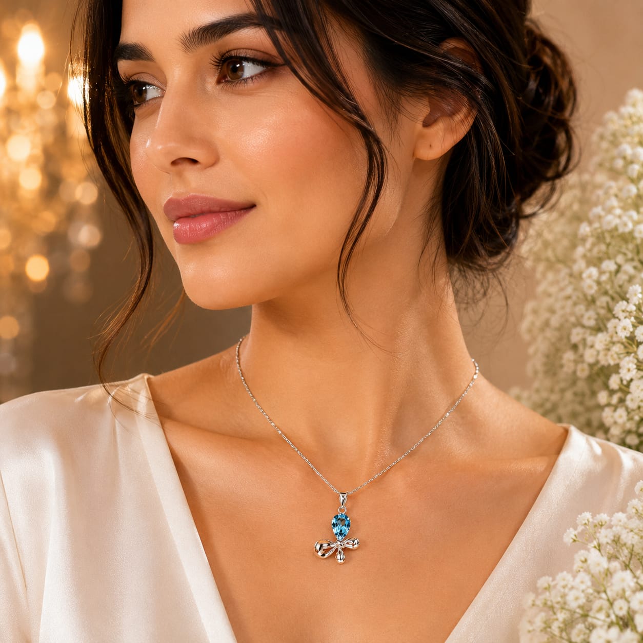 Azure Bloom Chain – Elegant Blue Crystal Floral Silver Pendant Necklace (JS5800)