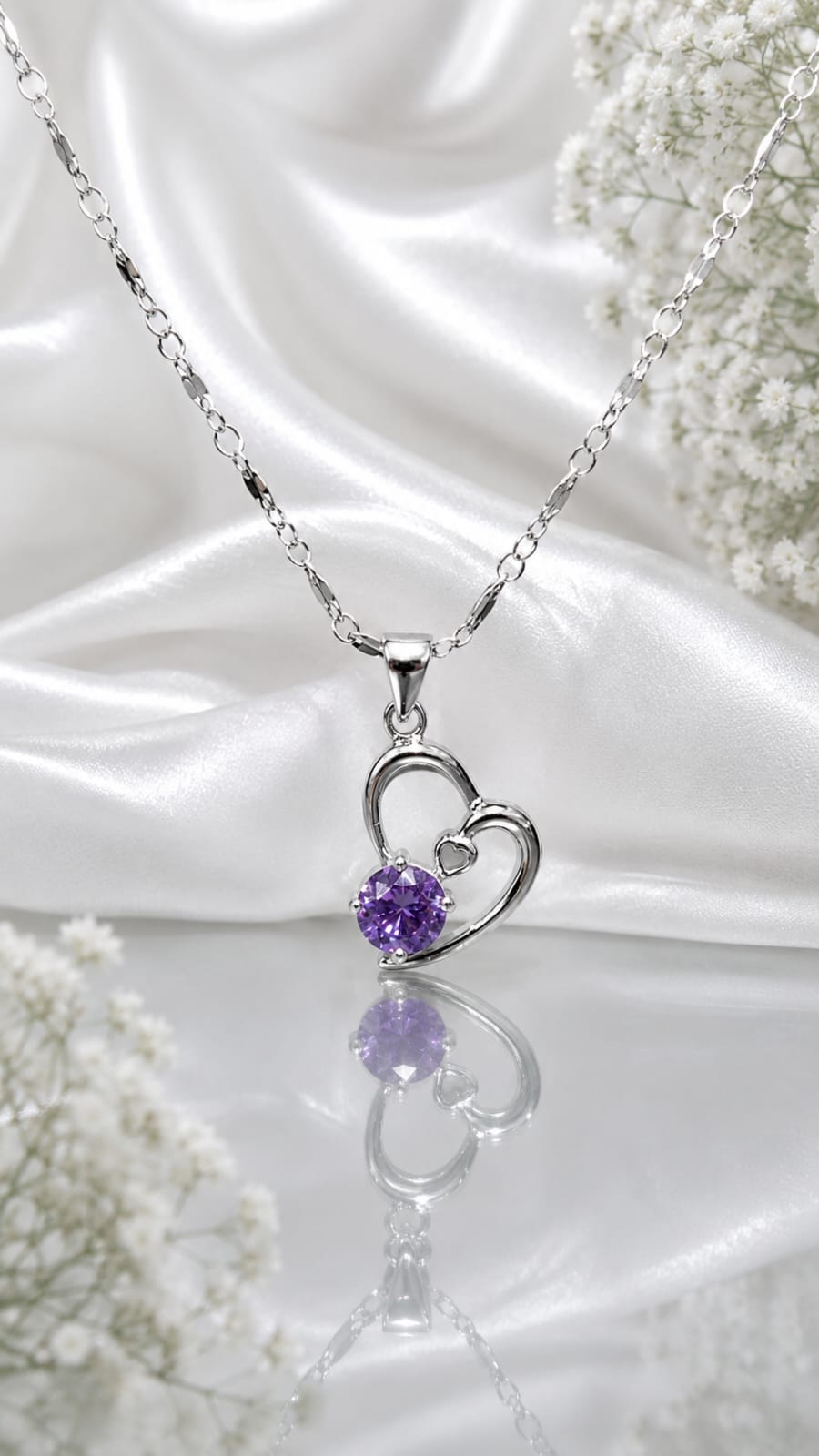 Amora Heart Chain – Silver Heart Pendant Necklace with Purple Crystal (JS483)
