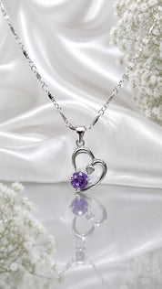 Amora Heart Chain – Silver Heart Pendant Necklace with Purple Crystal (JS483)