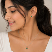 925 Sterling Silver Princess Cut Green Stone Stud Earrings with Matching Single Stone Pendant | Elegant Minimal Jewelry Set for Women