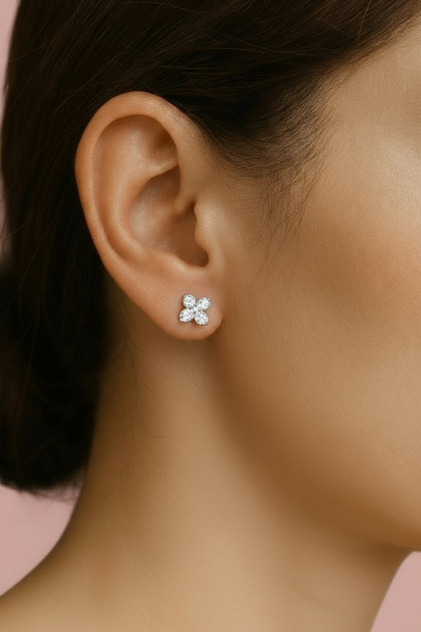 Elegant Silver Zircon Petal Stud Earrings – Minimal Floral Design ER729-DP277